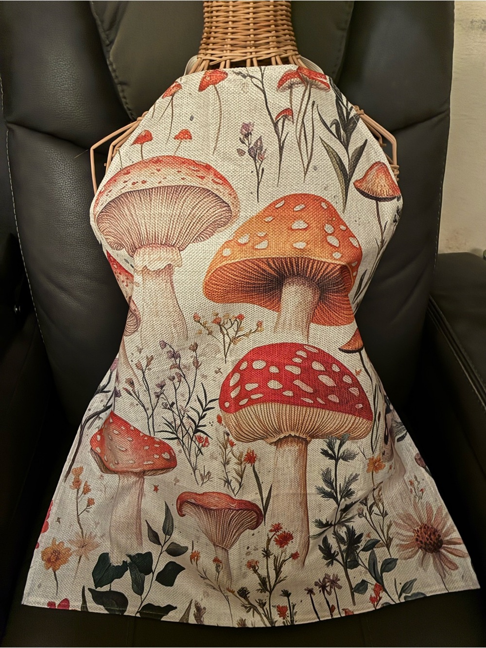 Vintage-Style Cottage Core Handmade Botanical Mushroom Print Kitchen Apron